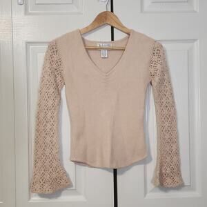 Reference Point Women's Beige V-neck Long Crocheted Long Sleeve Sweater Size SM